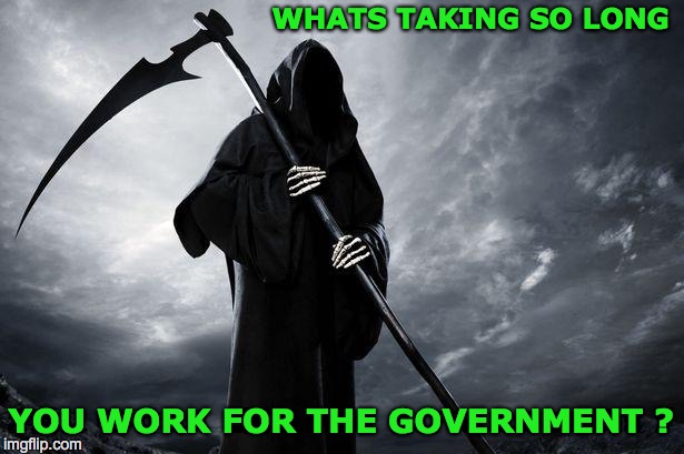 Death | WHATS TAKING SO LONG; YOU WORK FOR THE GOVERNMENT ? | image tagged in death | made w/ Imgflip meme maker