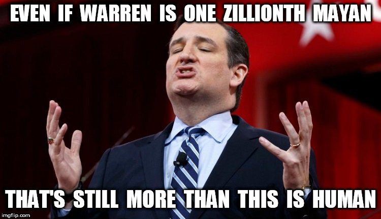 ted cruz | EVEN  IF  WARREN  IS  ONE  ZILLIONTH  MAYAN; THAT'S  STILL  MORE  THAN  THIS  IS  HUMAN | image tagged in ted cruz | made w/ Imgflip meme maker
