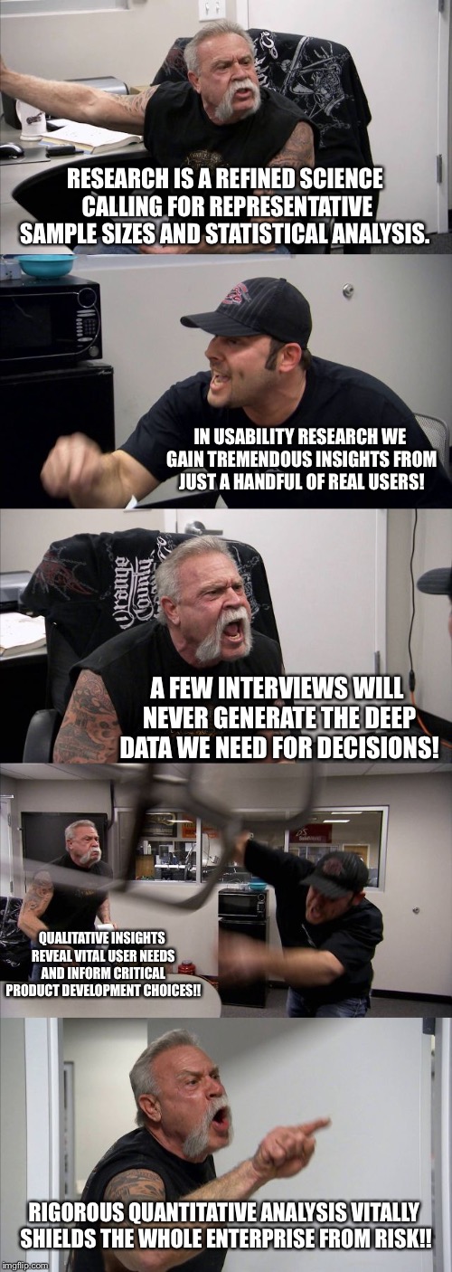 American Chopper Argument | RESEARCH IS A REFINED SCIENCE CALLING FOR REPRESENTATIVE SAMPLE SIZES AND STATISTICAL ANALYSIS. IN USABILITY RESEARCH WE GAIN TREMENDOUS INSIGHTS FROM JUST A HANDFUL OF REAL USERS! A FEW INTERVIEWS WILL NEVER GENERATE THE DEEP DATA WE NEED FOR DECISIONS! QUALITATIVE INSIGHTS REVEAL VITAL USER NEEDS AND INFORM CRITICAL PRODUCT DEVELOPMENT CHOICES!! RIGOROUS QUANTITATIVE ANALYSIS VITALLY SHIELDS THE WHOLE ENTERPRISE FROM RISK!! | image tagged in memes,american chopper argument | made w/ Imgflip meme maker