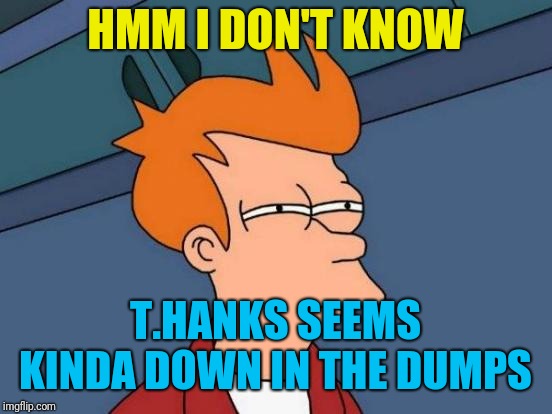 Futurama Fry Meme | HMM I DON'T KNOW T.HANKS SEEMS KINDA DOWN IN THE DUMPS | image tagged in memes,futurama fry | made w/ Imgflip meme maker