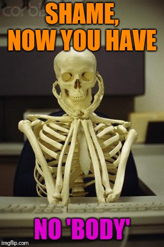 Waiting Skeleton | SHAME, NOW YOU HAVE NO 'BODY' | image tagged in waiting skeleton | made w/ Imgflip meme maker