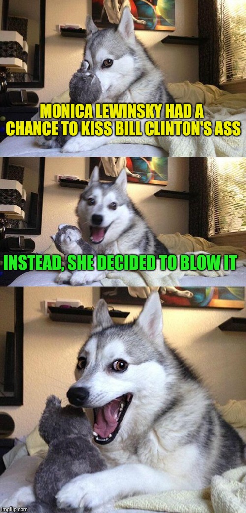 Bad Pun Dog Meme | MONICA LEWINSKY HAD A CHANCE TO KISS BILL CLINTON'S ASS INSTEAD, SHE DECIDED TO BLOW IT | image tagged in memes,bad pun dog | made w/ Imgflip meme maker