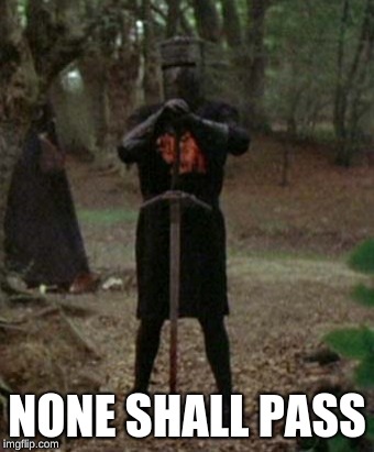 When the border is closed
 | NONE SHALL PASS | image tagged in monty python black knight,border,closed border,great memes,monty python,comedy | made w/ Imgflip meme maker
