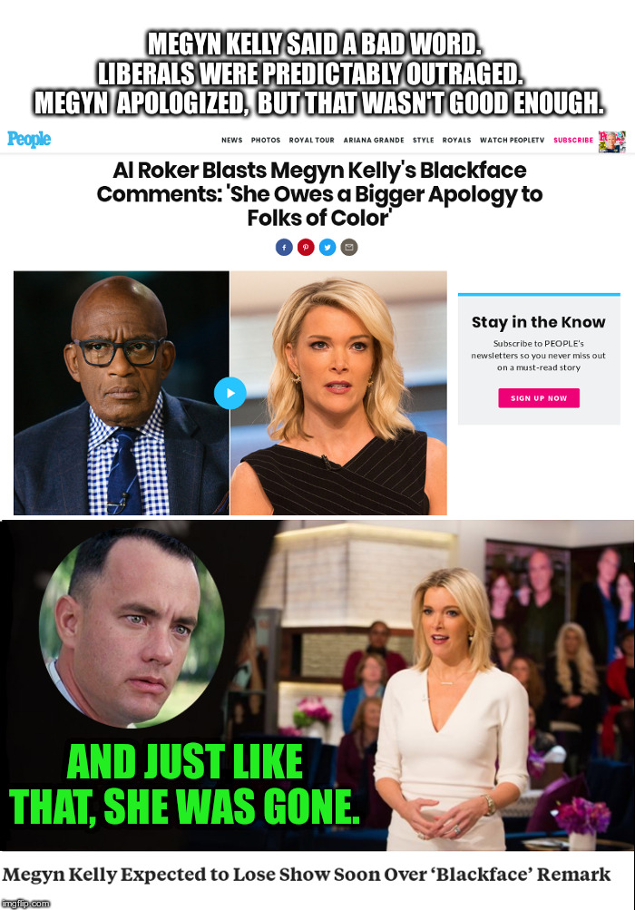 Megyn Kelly Said A Bad Word! | MEGYN KELLY SAID A BAD WORD.   LIBERALS WERE PREDICTABLY OUTRAGED.      MEGYN  APOLOGIZED,  BUT THAT WASN'T GOOD ENOUGH. AND JUST LIKE THAT, SHE WAS GONE. | image tagged in megyn kelly,nbc 69 million dollar deal,gone faster than you can say - roseanne - | made w/ Imgflip meme maker