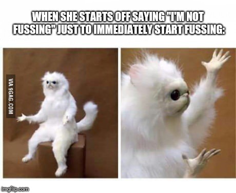 strange wtf cat | WHEN SHE STARTS OFF SAYING "I'M NOT FUSSING" JUST TO IMMEDIATELY START FUSSING: | image tagged in strange wtf cat | made w/ Imgflip meme maker