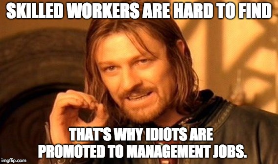 One Does Not Simply Meme | SKILLED WORKERS ARE HARD TO FIND; THAT'S WHY IDIOTS ARE PROMOTED TO MANAGEMENT JOBS. | image tagged in memes,one does not simply | made w/ Imgflip meme maker