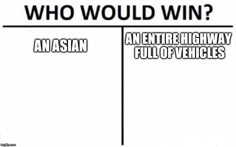 Who Would Win? | AN ASIAN; AN ENTIRE HIGHWAY FULL OF VEHICLES | image tagged in memes,who would win | made w/ Imgflip meme maker