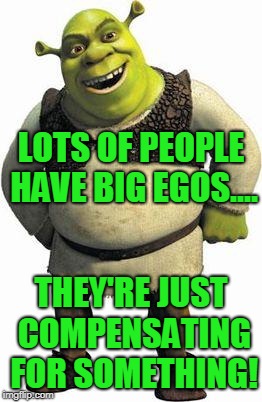 Hmm, I wonder what.... | LOTS OF PEOPLE HAVE BIG EGOS.... THEY'RE JUST COMPENSATING FOR SOMETHING! | image tagged in shrek,memes,ego,big ego man | made w/ Imgflip meme maker