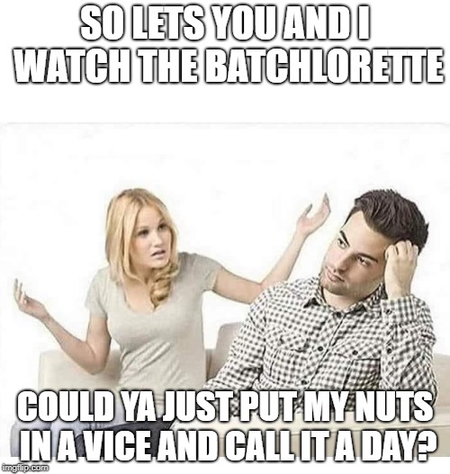 ANGRY WIFE YELLS AT HUSBAND |  SO LETS YOU AND I WATCH THE BATCHLORETTE; COULD YA JUST PUT MY NUTS IN A VICE AND CALL IT A DAY? | image tagged in angry wife yells at husband | made w/ Imgflip meme maker
