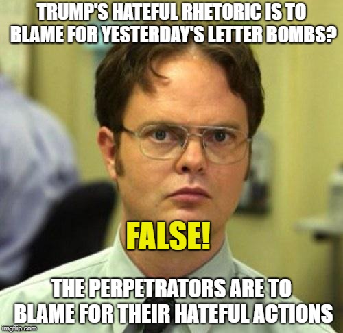 The attempts to blame Trump were 100% predictable and non-preventable | TRUMP'S HATEFUL RHETORIC IS TO BLAME FOR YESTERDAY'S LETTER BOMBS? FALSE! THE PERPETRATORS ARE TO BLAME FOR THEIR HATEFUL ACTIONS | image tagged in false,politics | made w/ Imgflip meme maker