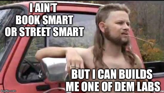 almost politically correct redneck | I AIN’T BOOK SMART OR STREET SMART BUT I CAN BUILDS ME ONE OF DEM LABS | image tagged in almost politically correct redneck | made w/ Imgflip meme maker