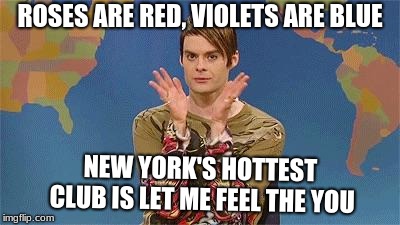 Stefan snl | ROSES ARE RED, VIOLETS ARE BLUE; NEW YORK'S HOTTEST CLUB IS LET ME FEEL THE YOU | image tagged in stefan snl | made w/ Imgflip meme maker