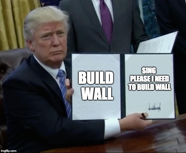 Trump Bill Signing | BUILD WALL; SING PLEASE I NEED TO BUILD WALL | image tagged in memes,trump bill signing | made w/ Imgflip meme maker