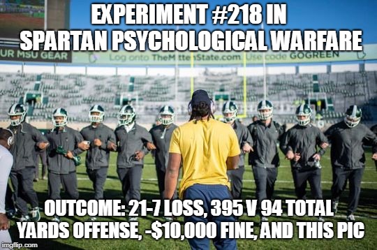 D Bush vs nerd spartans | EXPERIMENT #218 IN SPARTAN PSYCHOLOGICAL WARFARE; OUTCOME: 21-7 LOSS, 395 V 94 TOTAL YARDS OFFENSE, -$10,000 FINE, AND THIS PIC | image tagged in d bush vs nerd spartans | made w/ Imgflip meme maker