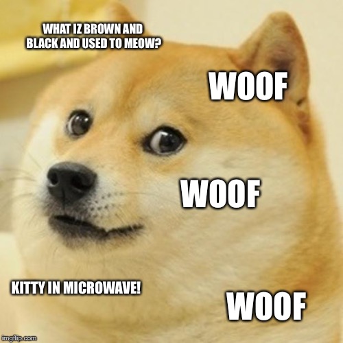 Doge Meme | WHAT IZ BROWN AND BLACK AND USED TO MEOW? WOOF WOOF KITTY IN MICROWAVE! WOOF | image tagged in memes,doge | made w/ Imgflip meme maker