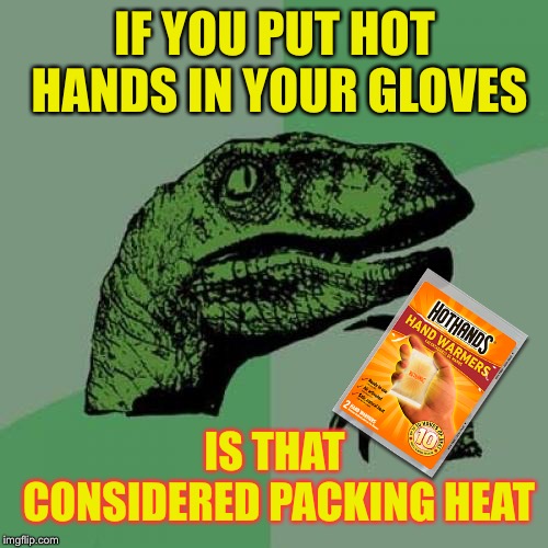 Philosoraptor Meme | IF YOU PUT HOT HANDS IN YOUR GLOVES IS THAT CONSIDERED PACKING HEAT | image tagged in memes,philosoraptor | made w/ Imgflip meme maker