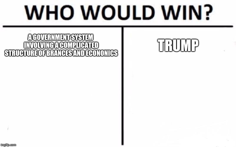 Who Would Win? | A GOVERNMENT SYSTEM INVOLVING A COMPLICATED STRUCTURE OF BRANCES AND ECONONICS; TRUMP | image tagged in memes,who would win | made w/ Imgflip meme maker