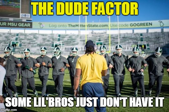 D Bush vs nerd spartans | THE DUDE FACTOR; SOME LIL'BROS JUST DON'T HAVE IT | image tagged in d bush vs nerd spartans | made w/ Imgflip meme maker