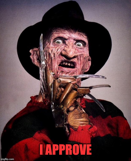 Freddy Krueger face | I APPROVE | image tagged in freddy krueger face | made w/ Imgflip meme maker