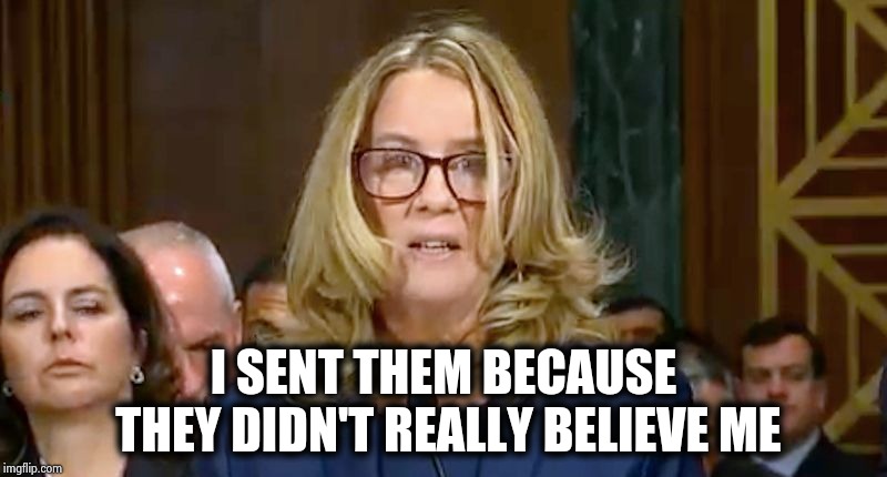 Christine Blasey Ford | I SENT THEM BECAUSE THEY DIDN'T REALLY BELIEVE ME | image tagged in christine blasey ford | made w/ Imgflip meme maker