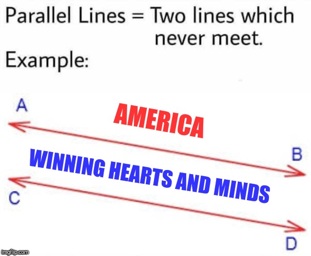 Parallel Lines | AMERICA WINNING HEARTS AND MINDS | image tagged in parallel lines | made w/ Imgflip meme maker