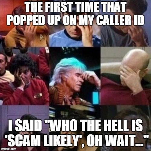 star trek face palm | THE FIRST TIME THAT POPPED UP ON MY CALLER ID I SAID "WHO THE HELL IS 'SCAM LIKELY', OH WAIT..." | image tagged in star trek face palm | made w/ Imgflip meme maker