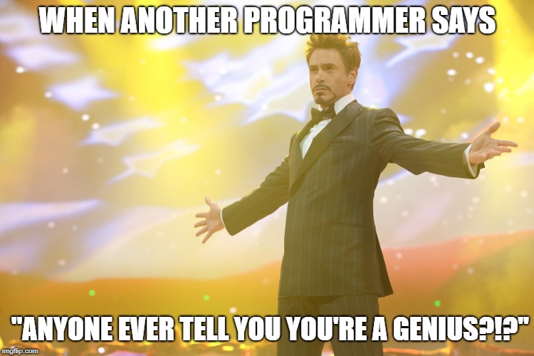 Tony Stark Celebrating | WHEN ANOTHER PROGRAMMER SAYS; "ANYONE EVER TELL YOU YOU'RE A GENIUS?!?" | image tagged in tony stark celebrating | made w/ Imgflip meme maker