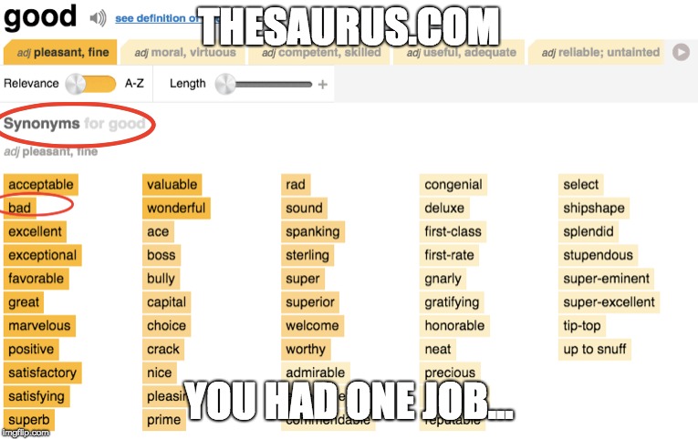 THESAURUS.COM; YOU HAD ONE JOB... | image tagged in you had one job | made w/ Imgflip meme maker