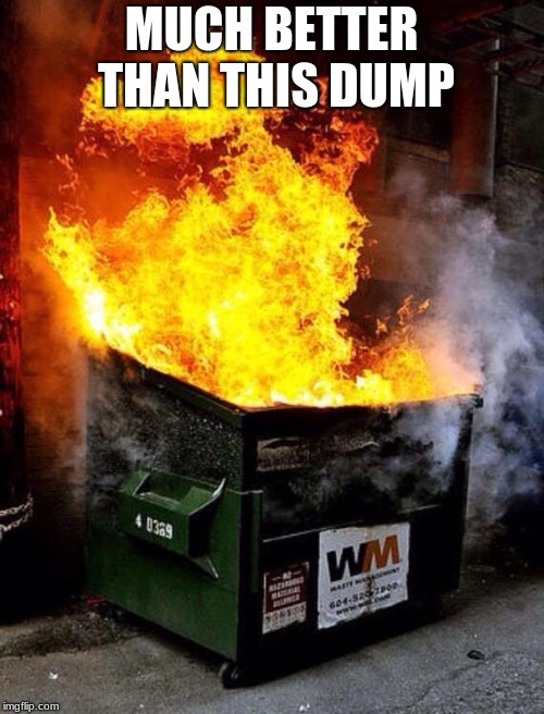 Dumpster Fire | MUCH BETTER THAN THIS DUMP | image tagged in dumpster fire | made w/ Imgflip meme maker