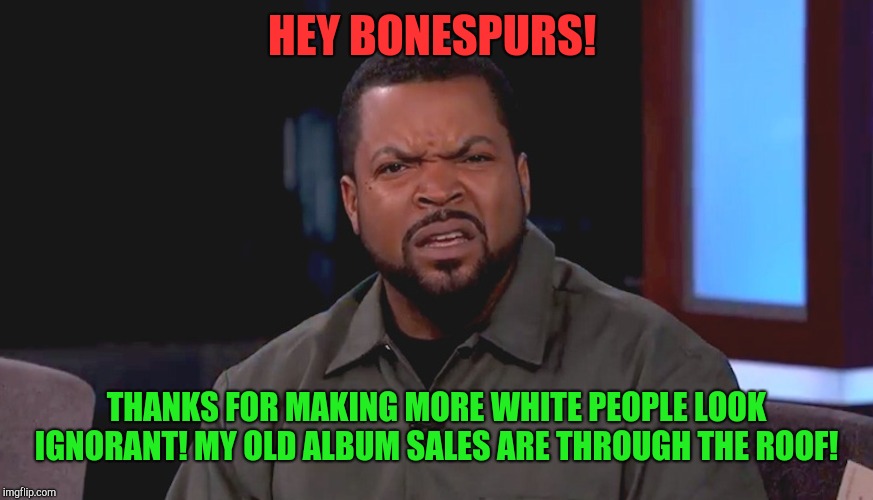 Making bank!  | HEY BONESPURS! THANKS FOR MAKING MORE WHITE PEOPLE LOOK IGNORANT! MY OLD ALBUM SALES ARE THROUGH THE ROOF! | image tagged in really ice cube,donald trump,nwa,kkk | made w/ Imgflip meme maker