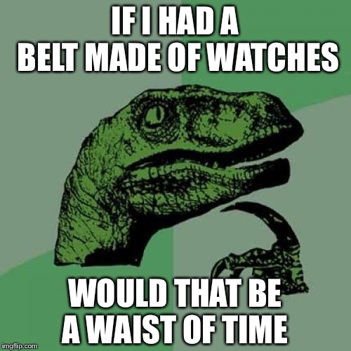 Philosoraptor Meme | IF I HAD A BELT MADE OF WATCHES; WOULD THAT BE A WAIST OF TIME | image tagged in memes,philosoraptor | made w/ Imgflip meme maker