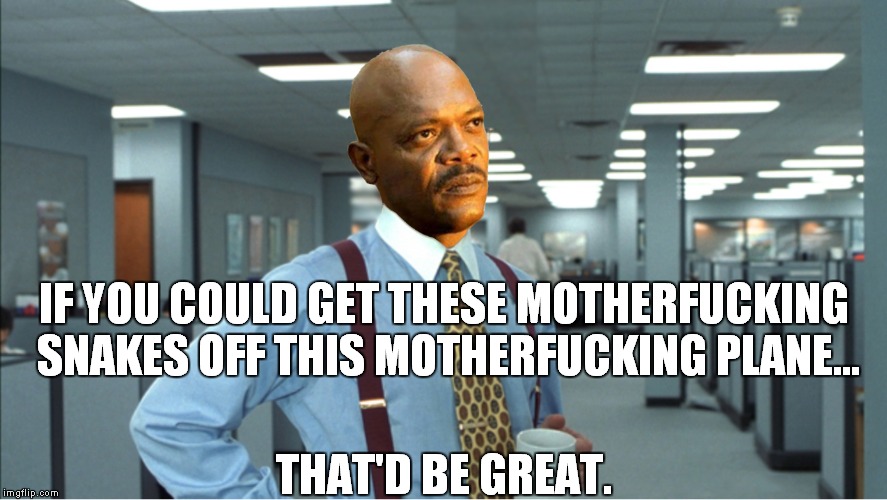 IF YOU COULD GET THESE MOTHERFUCKING SNAKES OFF THIS MOTHERFUCKING PLANE... THAT'D BE GREAT. | image tagged in snakes on a plane,that'd be great | made w/ Imgflip meme maker