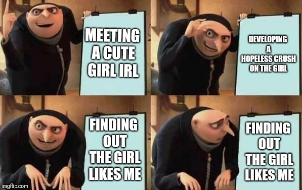 Gru's Plan Meme | MEETING A CUTE GIRL IRL; DEVELOPING A HOPELESS CRUSH ON THE GIRL; FINDING OUT THE GIRL LIKES ME; FINDING OUT THE GIRL LIKES ME | image tagged in gru's plan | made w/ Imgflip meme maker