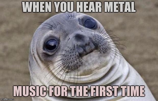 Awkward Moment Sealion | WHEN YOU HEAR METAL; MUSIC FOR THE FIRST TIME | image tagged in memes,awkward moment sealion | made w/ Imgflip meme maker