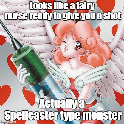 Injection wizard Lily | Looks like a fairy nurse ready to give you a shot; Actually a Spellcaster type monster | image tagged in yugioh | made w/ Imgflip meme maker