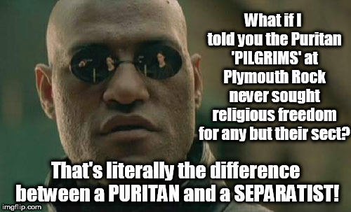 Matrix Morpheus | What if I told you the Puritan 'PILGRIMS' at Plymouth Rock never sought religious freedom for any but their sect? That's literally the difference between a PURITAN and a SEPARATIST! | image tagged in memes,matrix morpheus | made w/ Imgflip meme maker