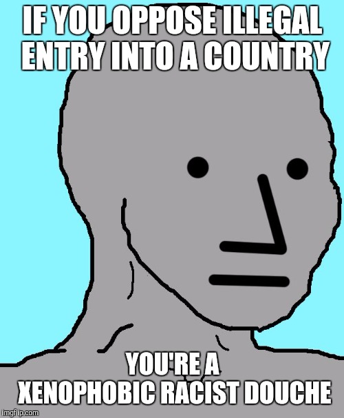 NPC Meme | IF YOU OPPOSE ILLEGAL ENTRY INTO A COUNTRY YOU'RE A XENOPHOBIC RACIST DOUCHE | image tagged in npc | made w/ Imgflip meme maker