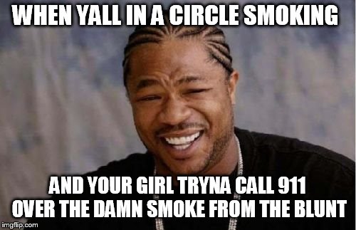 Yo Dawg Heard You | WHEN YALL IN A CIRCLE SMOKING; AND YOUR GIRL TRYNA CALL 911 OVER THE DAMN SMOKE FROM THE BLUNT | image tagged in memes,yo dawg heard you | made w/ Imgflip meme maker