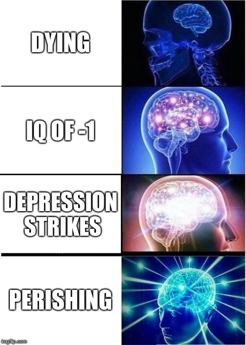 Expanding Brain Meme | DYING; IQ OF -1; DEPRESSION STRIKES; PERISHING | image tagged in memes,expanding brain | made w/ Imgflip meme maker