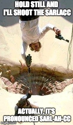 You want to do this now? | HOLD STILL AND I'LL SHOOT THE SARLACC; ACTUALLY, IT'S PRONOUNCED SARL-AH-CC | image tagged in lando calrissian,han solo | made w/ Imgflip meme maker