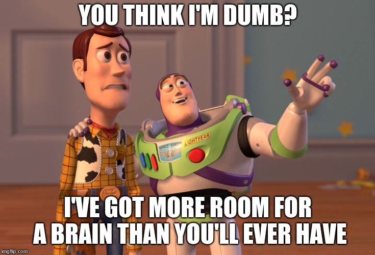 X, X Everywhere Meme | YOU THINK I'M DUMB? I'VE GOT MORE ROOM FOR A BRAIN THAN YOU'LL EVER HAVE | image tagged in memes,x x everywhere | made w/ Imgflip meme maker