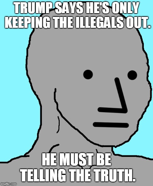 NPC Meme | TRUMP SAYS HE'S ONLY KEEPING THE ILLEGALS OUT. HE MUST BE TELLING THE TRUTH. | image tagged in npc | made w/ Imgflip meme maker