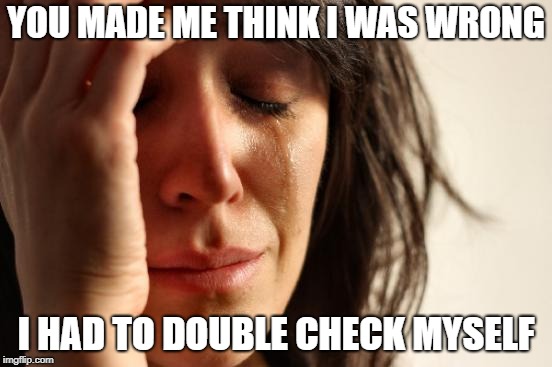First World Problems Meme | YOU MADE ME THINK I WAS WRONG I HAD TO DOUBLE CHECK MYSELF | image tagged in memes,first world problems | made w/ Imgflip meme maker