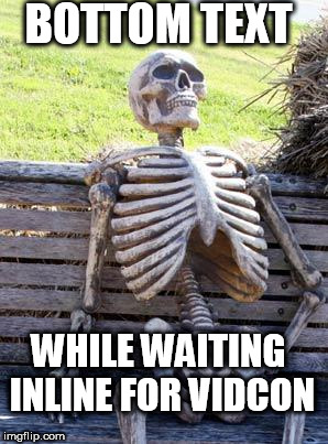 Waiting Skeleton Meme | BOTTOM TEXT; WHILE WAITING INLINE FOR VIDCON | image tagged in memes,waiting skeleton | made w/ Imgflip meme maker