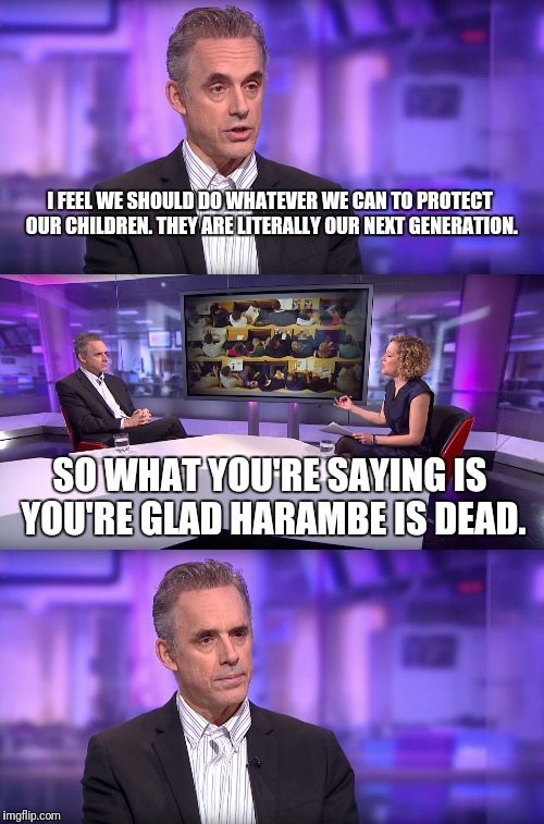 Jordan Peterson vs Feminist Interviewer |  I FEEL WE SHOULD DO WHATEVER WE CAN TO PROTECT OUR CHILDREN. THEY ARE LITERALLY OUR NEXT GENERATION. SO WHAT YOU'RE SAYING IS YOU'RE GLAD HARAMBE IS DEAD. | image tagged in jordan peterson vs feminist interviewer | made w/ Imgflip meme maker