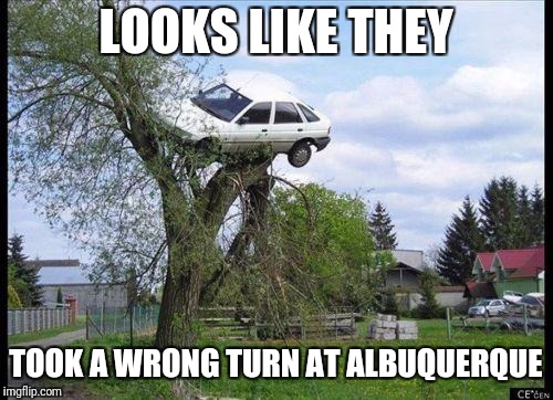 car in tree | LOOKS LIKE THEY; TOOK A WRONG TURN AT ALBUQUERQUE | image tagged in car in tree | made w/ Imgflip meme maker