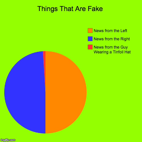 Things That Are Fake | News from the Guy Wearing a Tinfoil Hat, News from the Right, News from the Left | image tagged in funny,pie charts | made w/ Imgflip chart maker