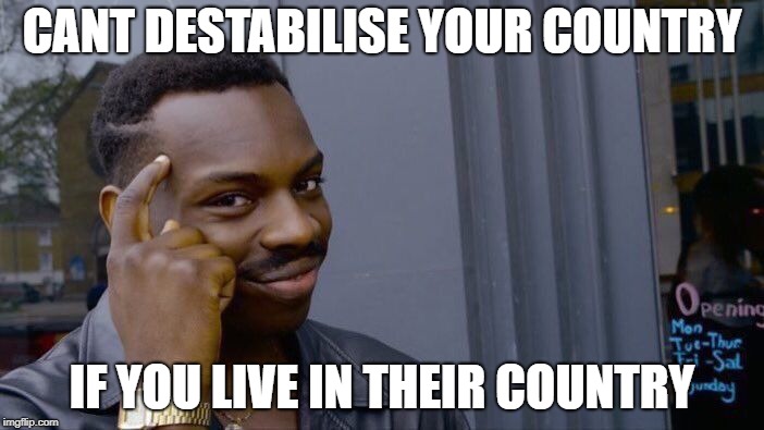 Roll Safe Think About It Meme | CANT DESTABILISE YOUR COUNTRY; IF YOU LIVE IN THEIR COUNTRY | image tagged in memes,roll safe think about it | made w/ Imgflip meme maker