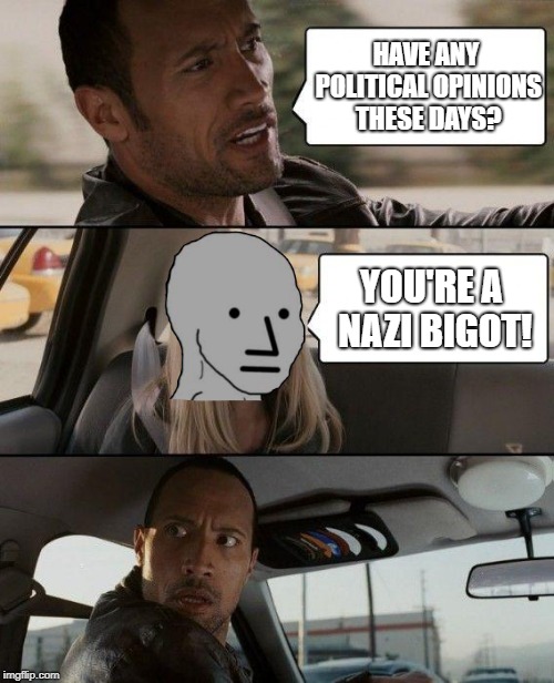 Gray Lives Matter | HAVE ANY POLITICAL OPINIONS THESE DAYS? YOU'RE A NAZI BIGOT! | image tagged in memes,the rock driving | made w/ Imgflip meme maker