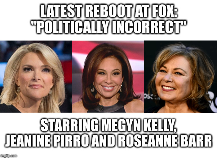 Coming Soon to Fox TV: "Politically Incorrect" Reboot! | LATEST REBOOT AT FOX: "POLITICALLY INCORRECT"; STARRING MEGYN KELLY, JEANINE PIRRO AND ROSEANNE BARR | image tagged in megan kelly,fox news,jeanine pirro,roseanne barr,not invited,bill maher | made w/ Imgflip meme maker